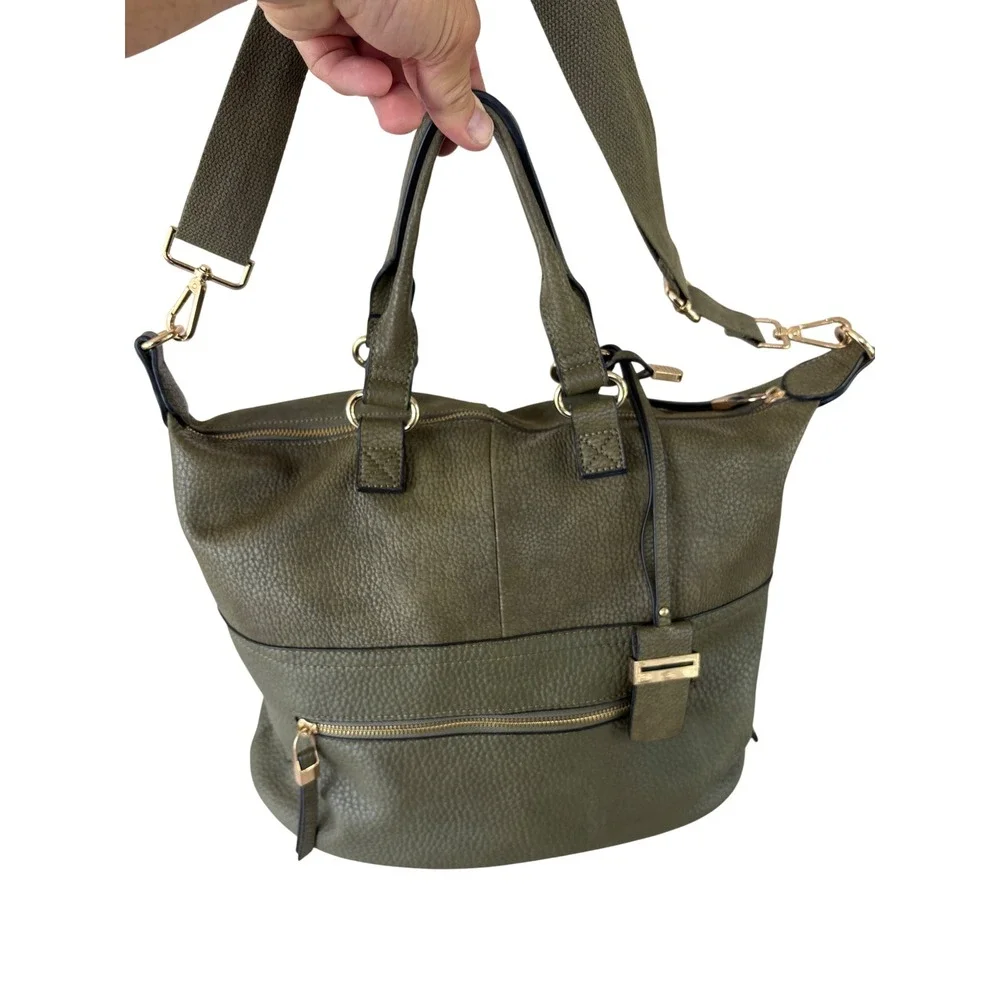 Mona Luxe Satchel Bag Womens Medium Olive Green Excellent Pebbled Faux Leather